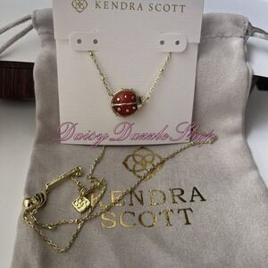 🐞New Kendra Scott Ladybug Gold Pendant Necklace In Red Vermillion Magnesite 🐞